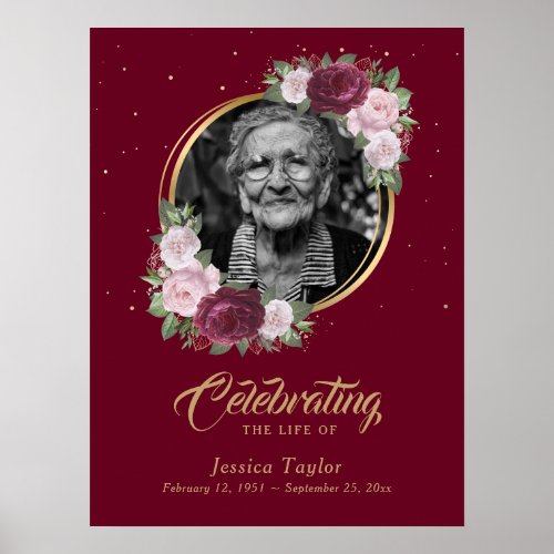 Red Floral Photo Celebration of Life Funeral Sign