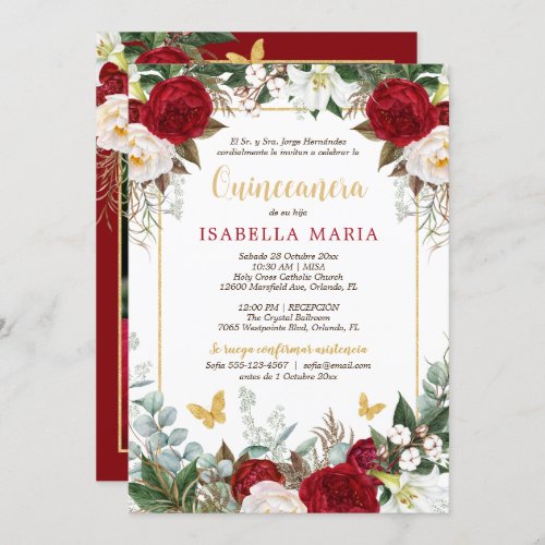 Red Floral Photo Quinceanera Invite in Spanish 