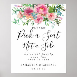 Red Floral Pick A Seat Not A Side Wedding Sign