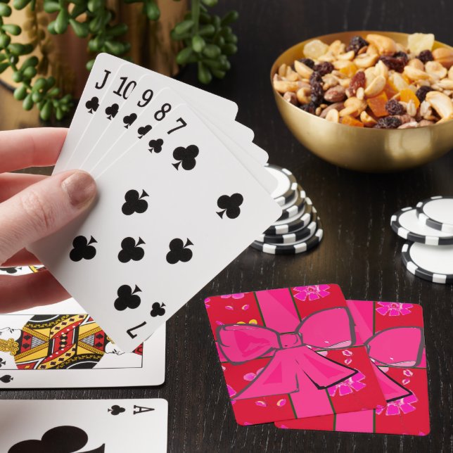 Red floral pink bow gift wrap theme playing cards (In Situ)