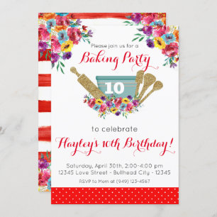 Red Floral Pioneer Baking Party Girl's Birthday Invitation