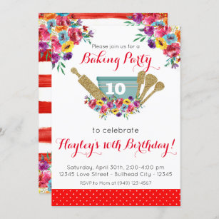Red Floral Pioneer Baking Party Girl's Birthday Invitation