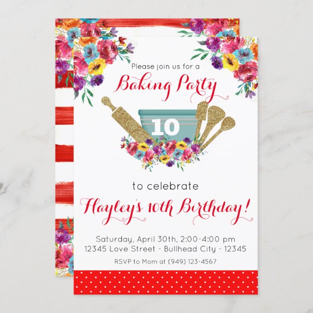Red Floral Pioneer Baking Party Girl's Birthday Invitation (Front/Back)