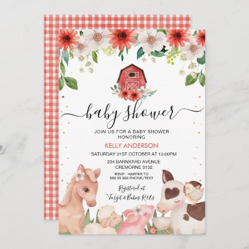 Red Floral Plaid Farm Animals Baby Shower Invitation