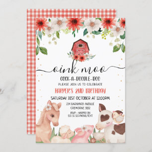 Red Floral Plaid Farm Animals Birthday Invitation
