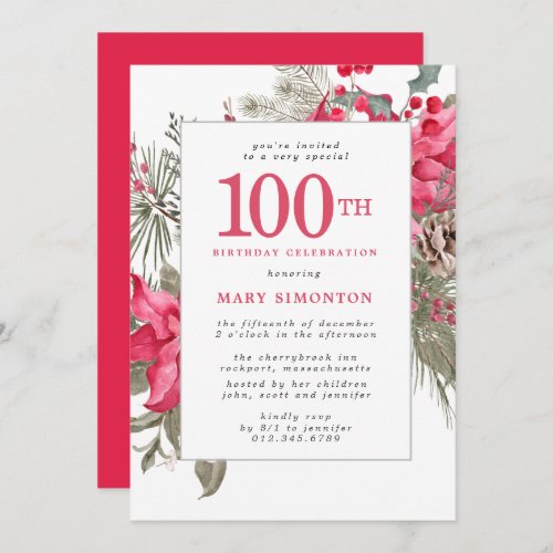 Red Floral Poinsettia 100th Birthday Party Invitat Invitation