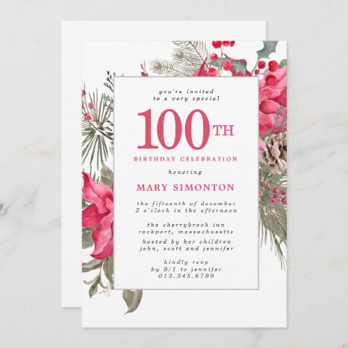 Red Floral Poinsettia 100th Birthday Party Invitation