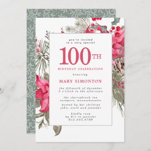 Red Floral Poinsettia 100th Birthday Party Invitation