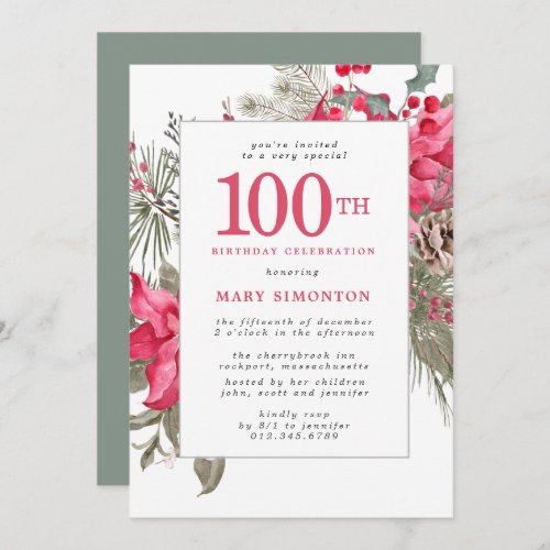 Red Floral Poinsettia 100th Birthday Party Invitation