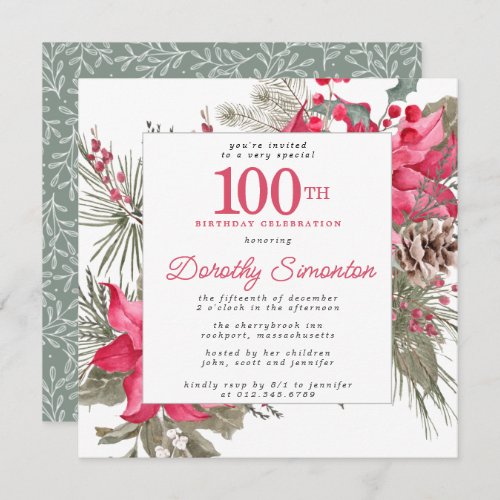 Red Floral Poinsettia 100th Birthday Party Square Invitation