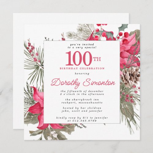 Red Floral Poinsettia 100th Birthday Party Square Invitation