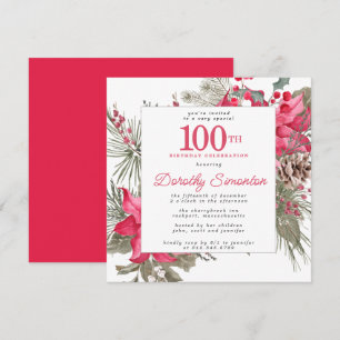 Red Floral Poinsettia 100th Birthday Party Square Invitation