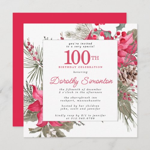 Red Floral Poinsettia 100th Birthday Party Square Invitation