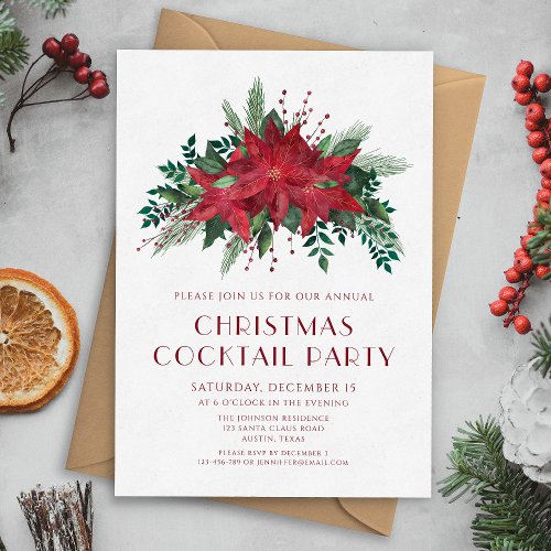 Red Floral Poinsettia Christmas Cocktail Party Invitation