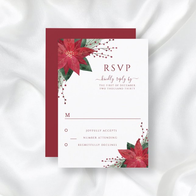 Red Floral Poinsettia Christmas Wedding RSVP Card (Creator Uploaded)