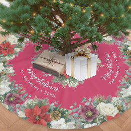 Red Floral Poinsettia Elegant Botanical Christmas Brushed Polyester Tree Skirt