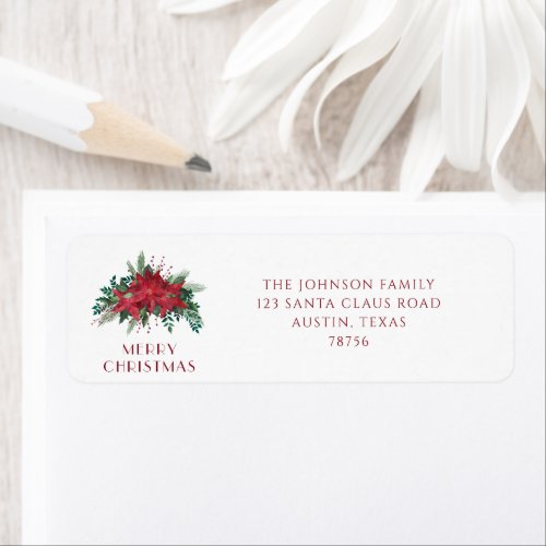 Red Floral Poinsettia Merry Christmas Address Label