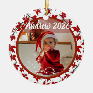 Red Floral pointsettia baby first Christmas Photo Ceramic Ornament