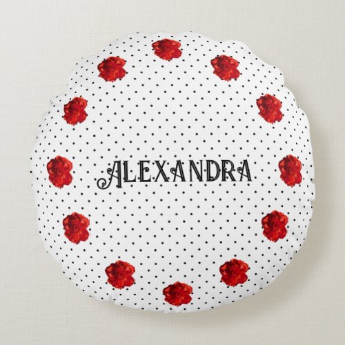 Red Floral Polka Dot Round Pillow