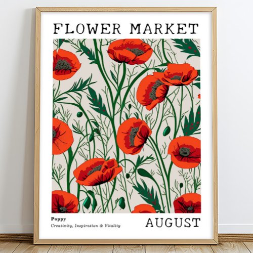 Red Floral Poppy August Birth Flower Market Poster