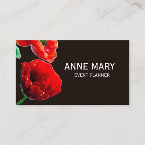 Red Floral Poppy Flower Event Planner Black Trendy Business Card