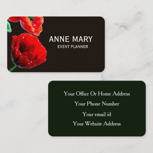 Red Floral Poppy Flower Event Planner Custom Black Business Card