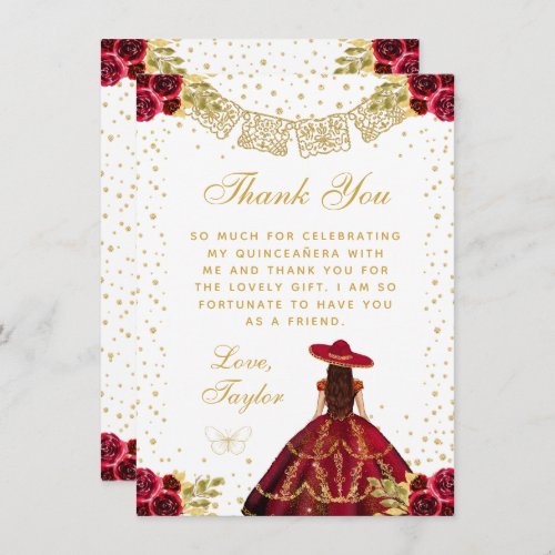 Red Floral Princess Charro Quinceaera Thank You Card