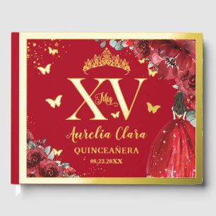 Red Floral Princess Dress Quinceañera Quince Gold Foil Guest Book