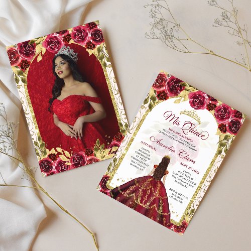 Red Floral Princess Gold Arch Photo Quinceanera Invitation