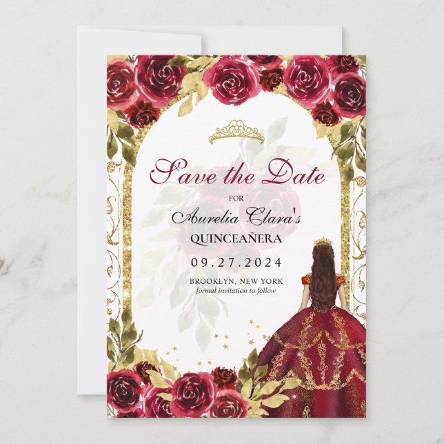 Red Floral Princess Gold Arch Quinceanera Announcement (Front)