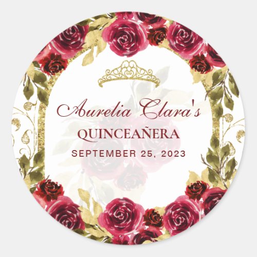 Red Floral Princess Gold Arch Quinceanera Classic Round Sticker