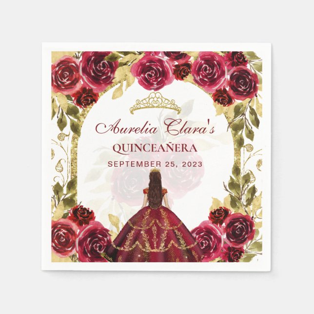 Red Floral Princess Gold Arch Quinceanera  Napkins (Front)