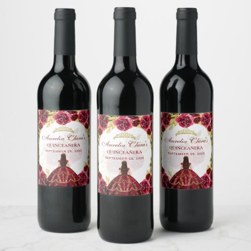 Red Floral Princess Gold Arch Quinceanera  Wine Label