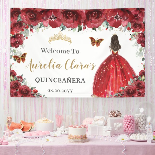 Red Floral Princess Gold Quinceañera Backdrop  Banner (Party)