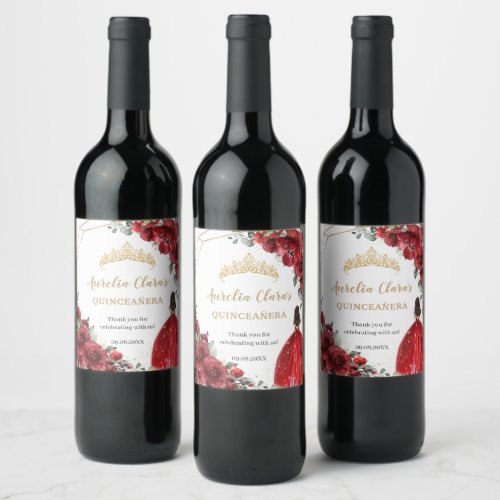 Red Floral Princess Gold Quinceaera Birthday  Wine Label