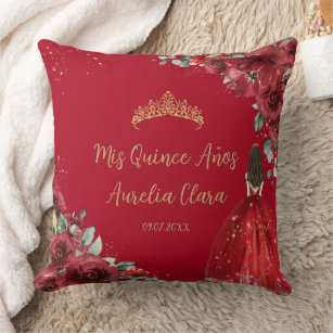 Red Floral Princess Gold Quinceañera Keepsake Throw Pillow