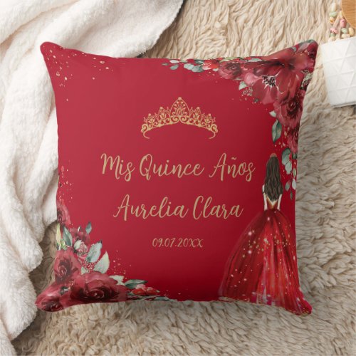 Red Floral Princess Gold Quinceaera Keepsake Throw Pillow
