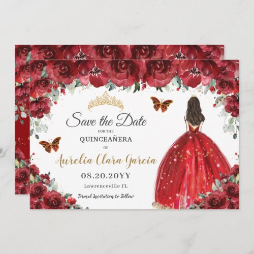 Red Floral Princess Gold Quinceaera Save the Date