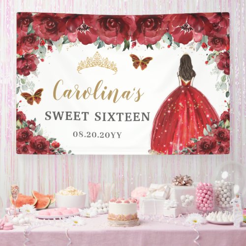 Red Floral Princess Gold Sweet Sixteen 16 Backdrop Banner