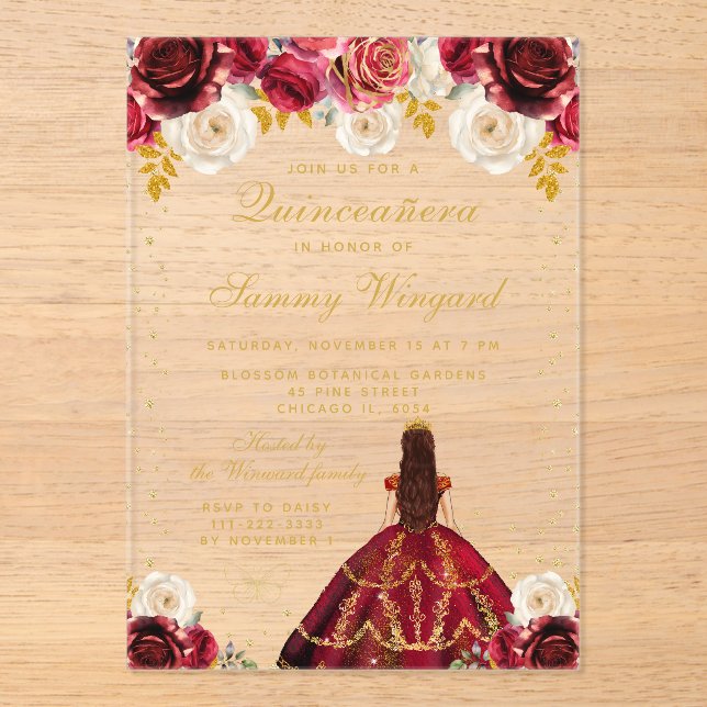 Red Floral Princess Quinceañera Acrylic Invitations (Front)