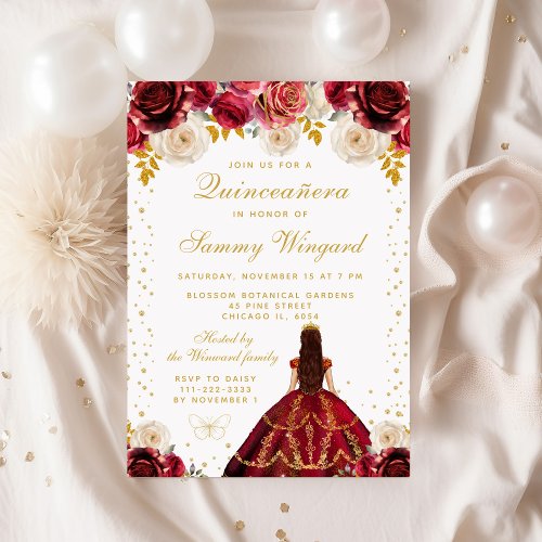 Red Floral Princess Quinceaera Invitation