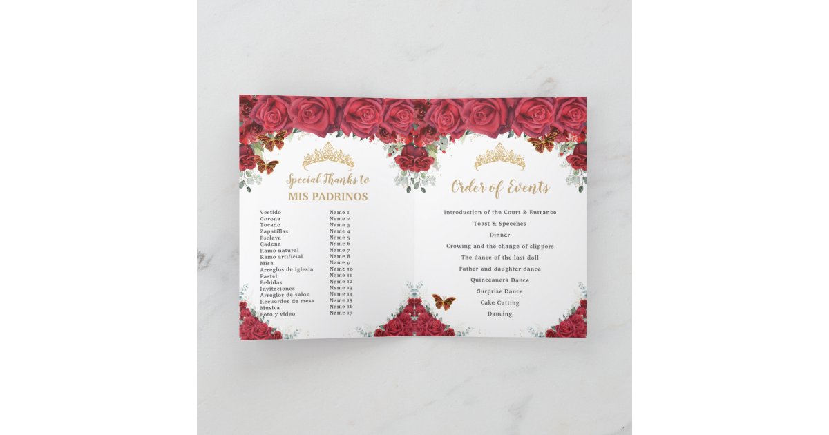 Red Floral Princess Quinceañera Order of Events Program Zazzle