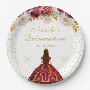 Red Floral Princess Quinceañera Paper Plates