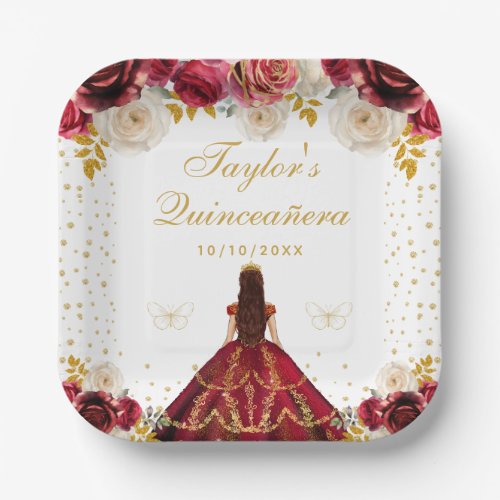 Red Floral Princess Quinceaera Paper Plates