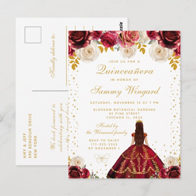 Red Floral Princess Quinceañera Postcard (Front/Back)