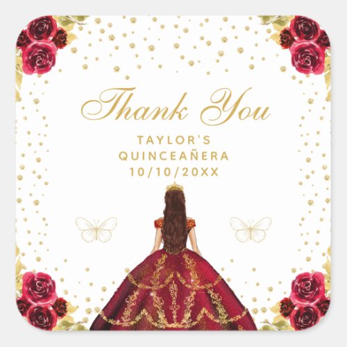 Red Floral Princess Quinceaera Square Sticker