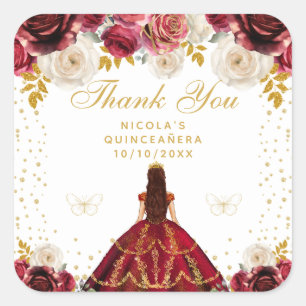 Red Floral Princess Quinceañera Square Sticker