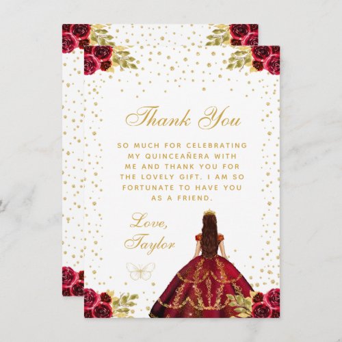 Red Floral Princess Quinceaera Thank You Card