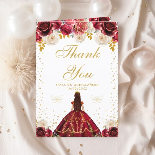 Red Floral Princess Quinceaera Thank You Card
