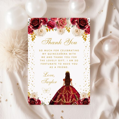 Red Floral Princess Quinceaera Thank You Card